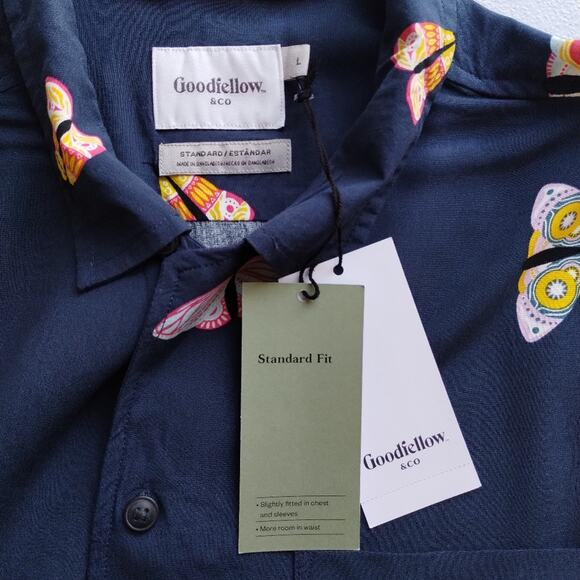 A Goodfellow & Co Men's Navy Colorful Butterfly Moth Button Down Shirt NWT L - Picture 10 of 11